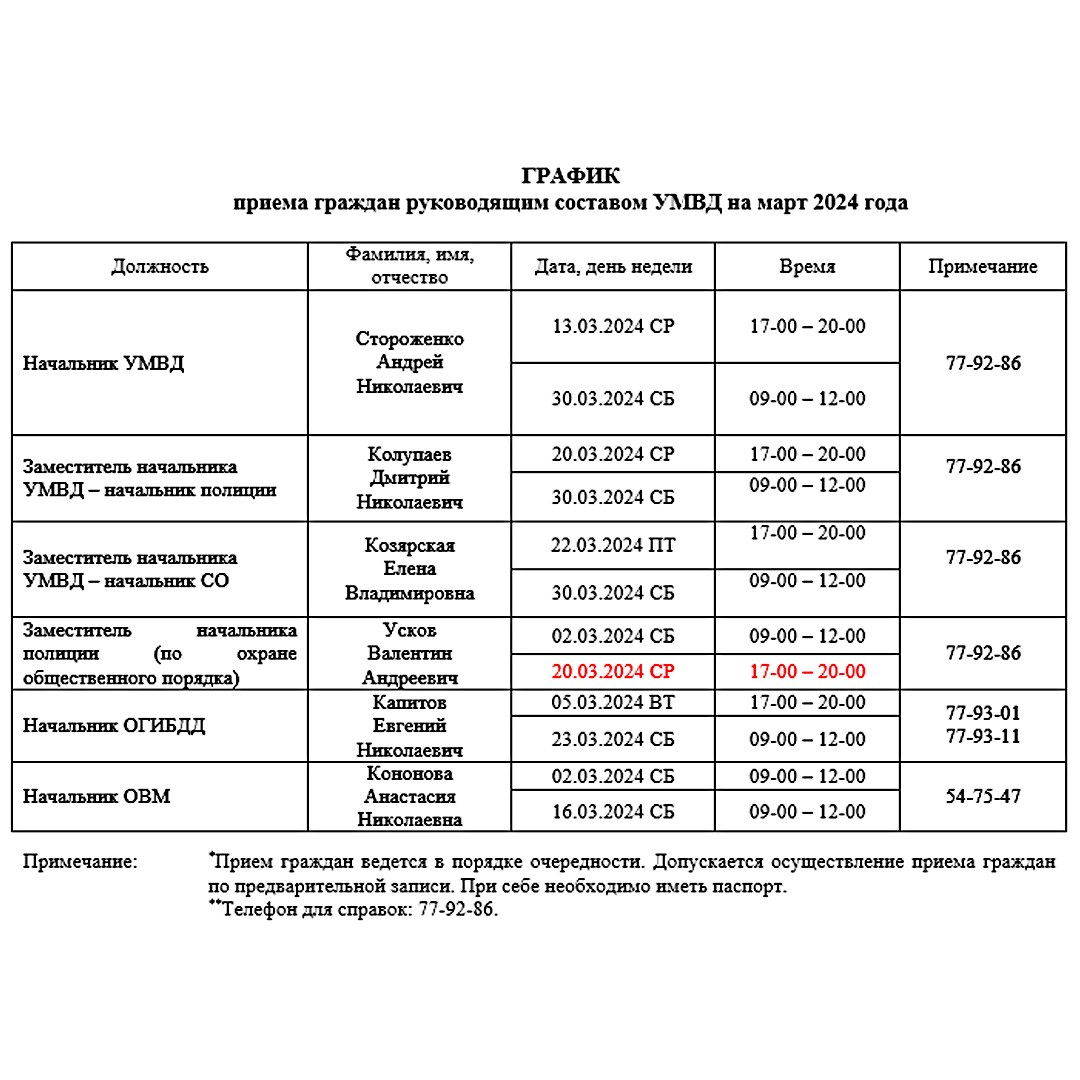 График приема граждан руководящим составом УМВД на март 2023 года Администрация 