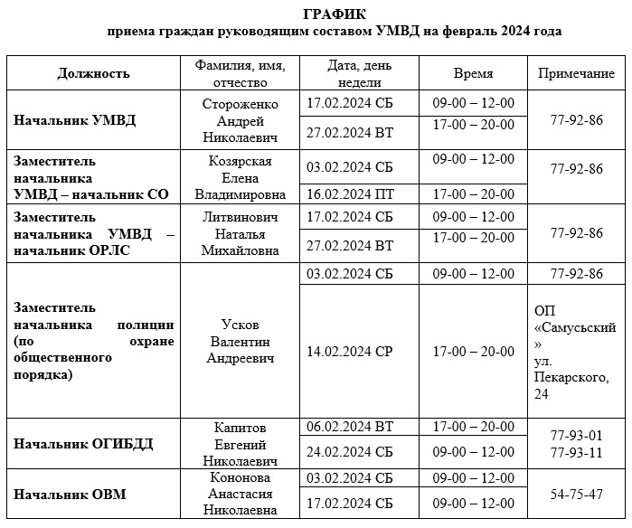 График приема граждан руководящим составом УМВД на февраль 2020 года Регионы Сел